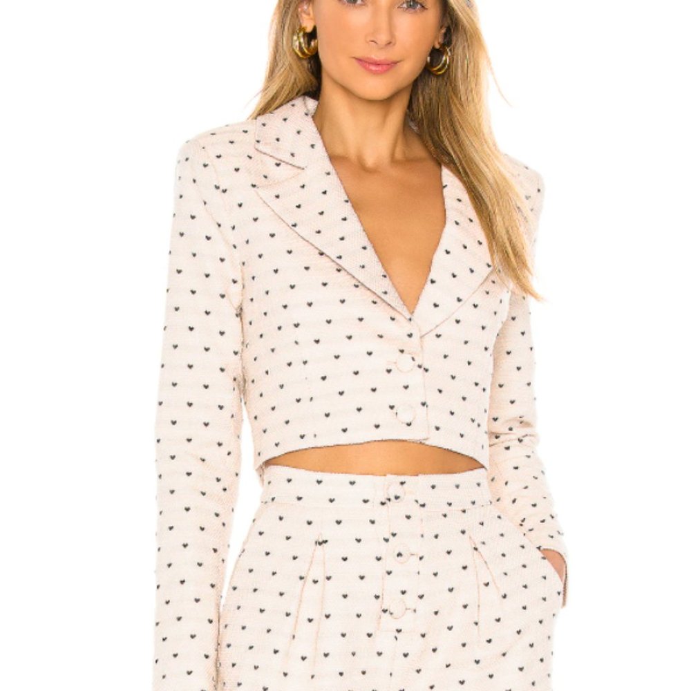 Privacy Please Cream Cropped Blazer with Black Heart Print